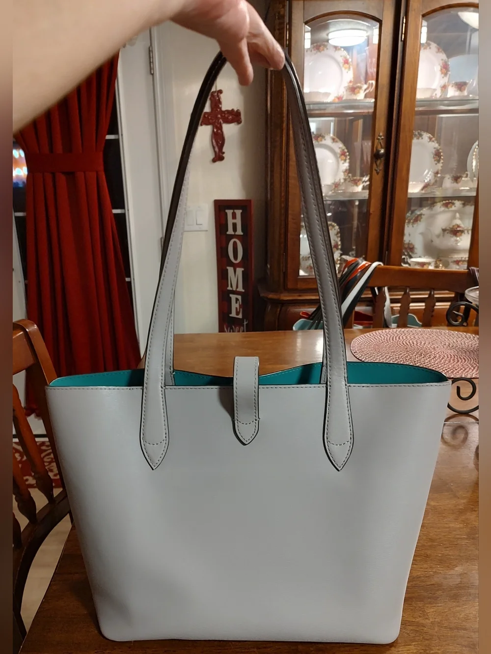 kate spade Light Gray Leather Tote with Turquoise Interior